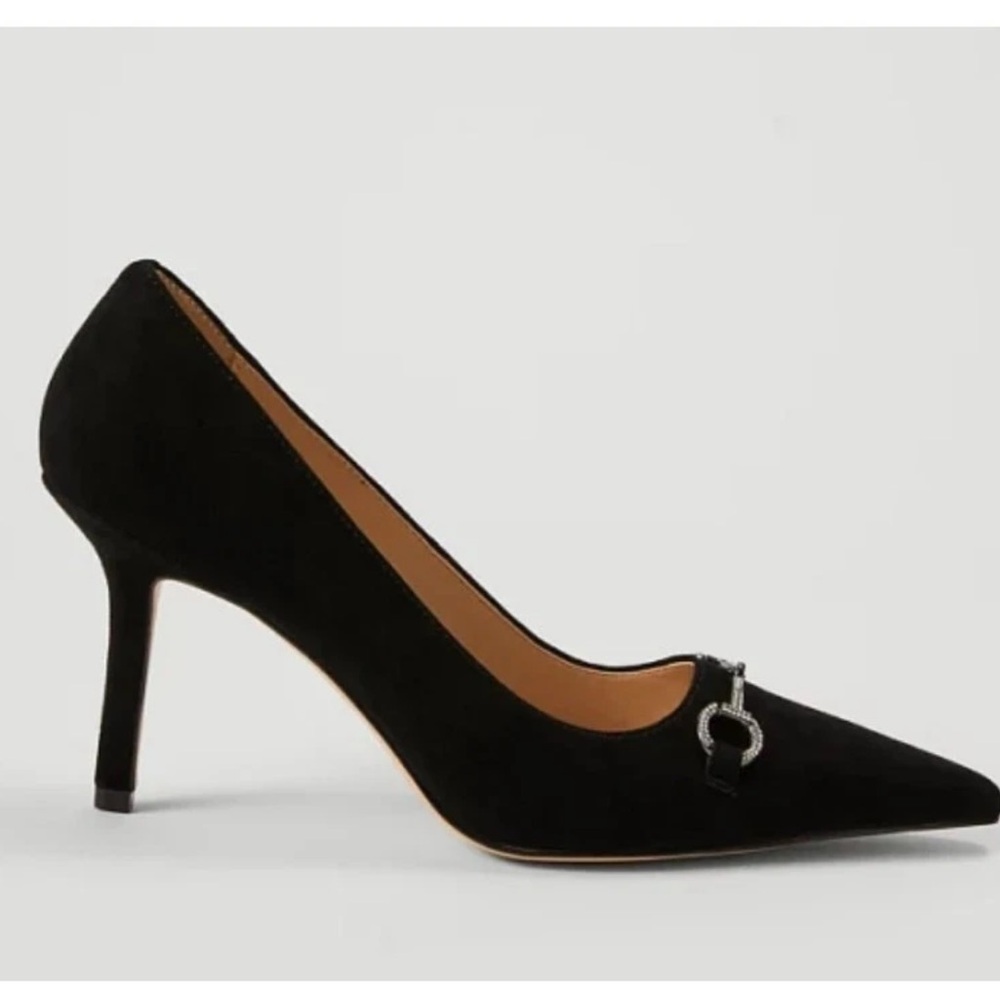 Ann Taylor Black Pointed Toe Suede Heels with Silver Buckle